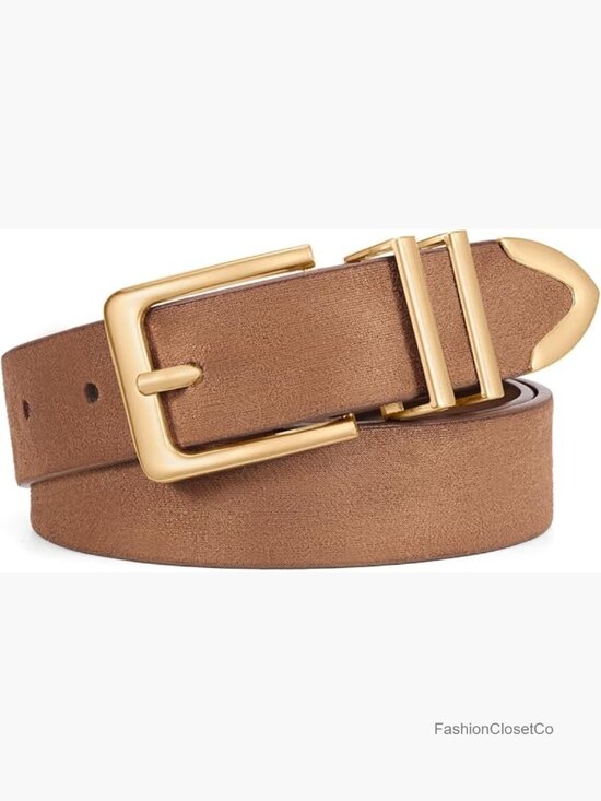 Women\'s Brown Leather Belt with Gold Buckle by main image 5